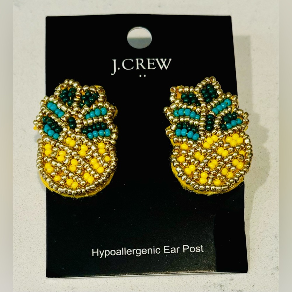 J.Crew Summer Beaded Pineapple Statement Earrings Yellow Green Multi New